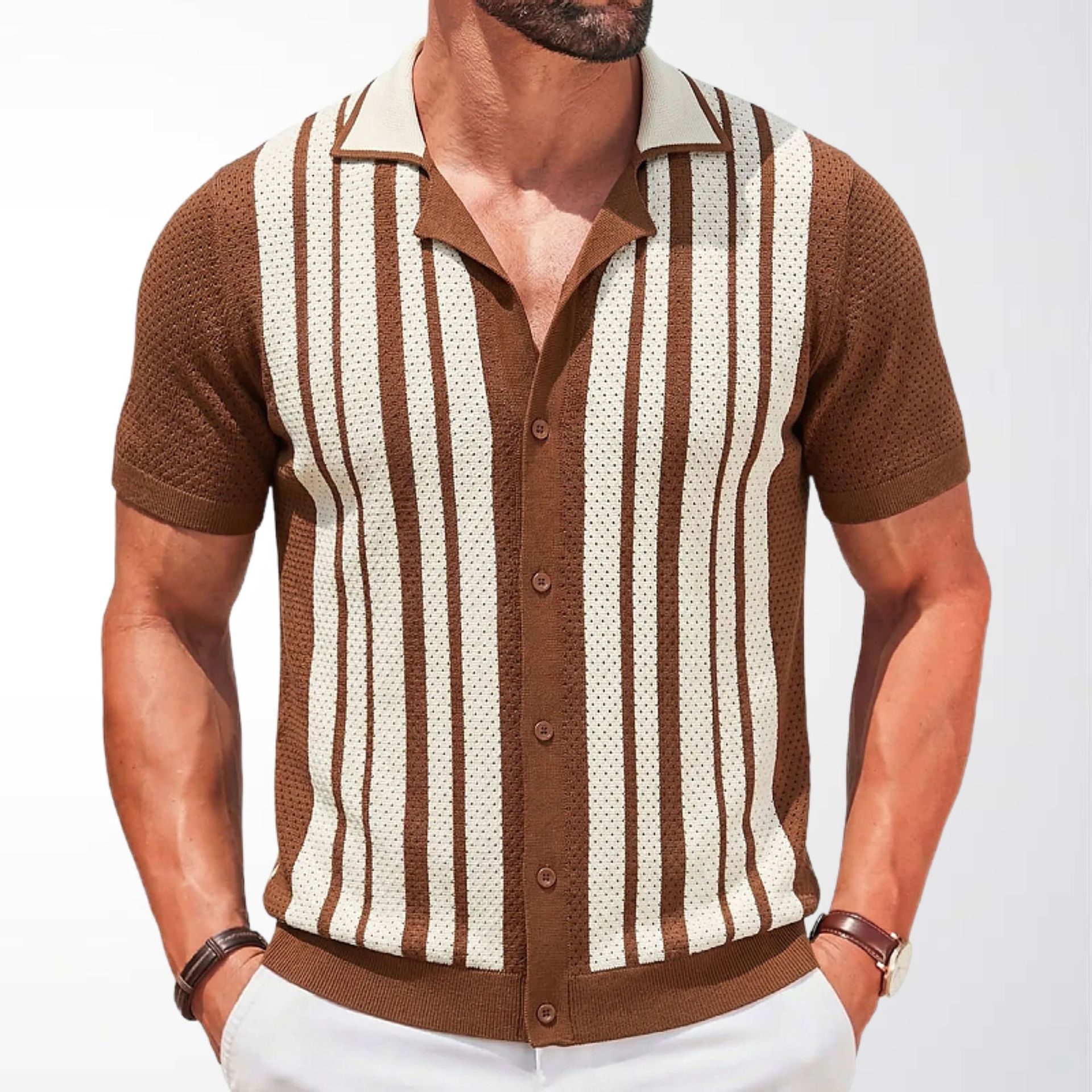 Brown Striped Cuban-Neck Short-Sleeve Hollow-Out Knit Top