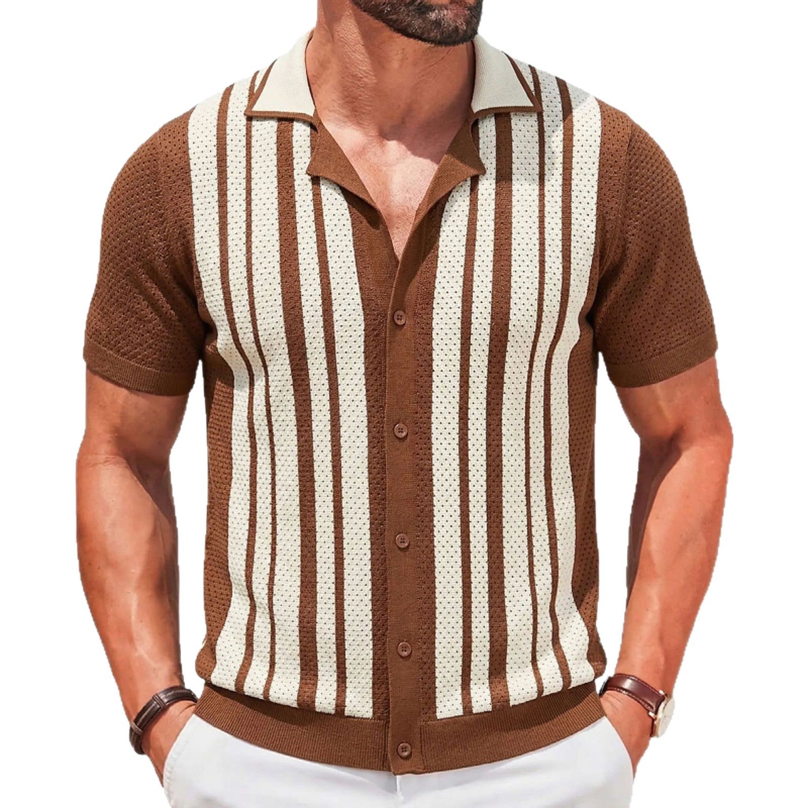 Brown Striped Cuban-Neck Short-Sleeve Hollow-Out Knit Top