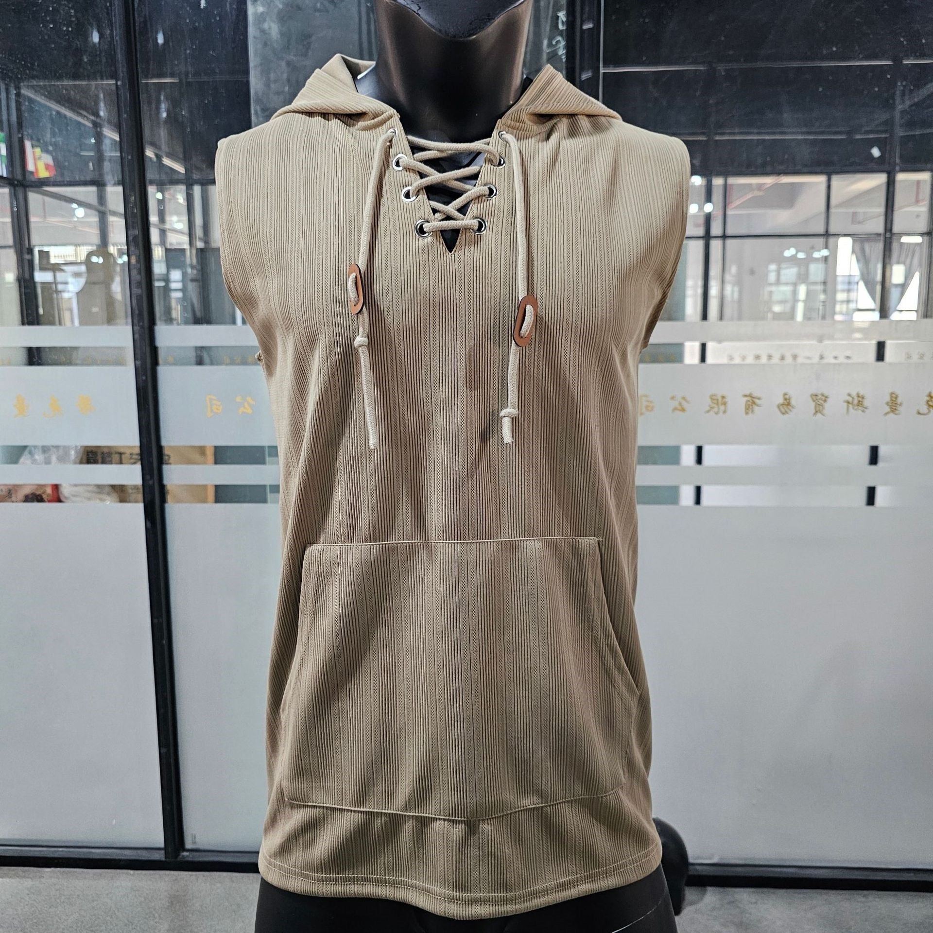 Loose-fit Jacquard Sleeveless Hooded Vest Sleeveless T-shirt