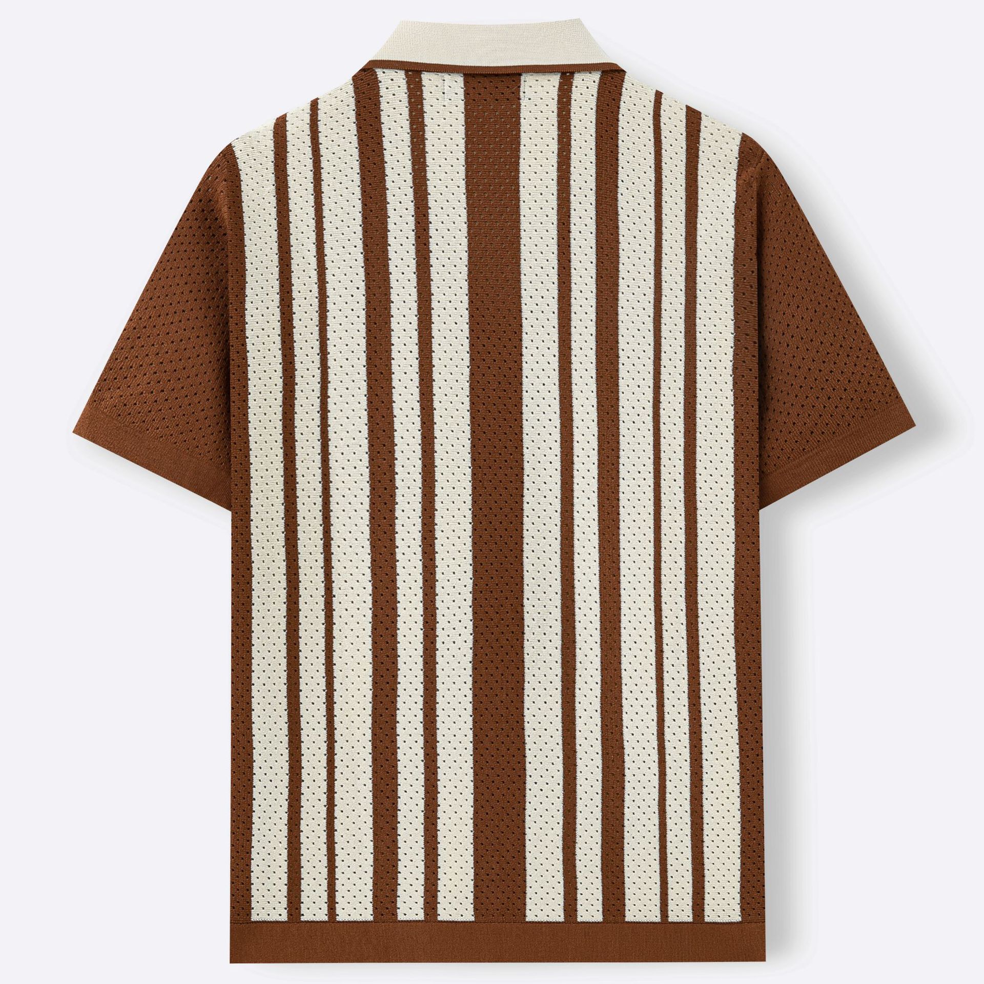 Brown Striped Cuban-Neck Short-Sleeve Hollow-Out Knit Top
