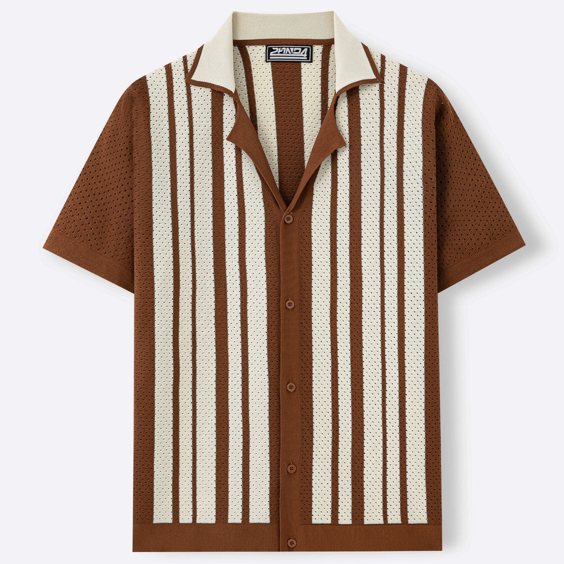 Brown Striped Cuban-Neck Short-Sleeve Hollow-Out Knit Top