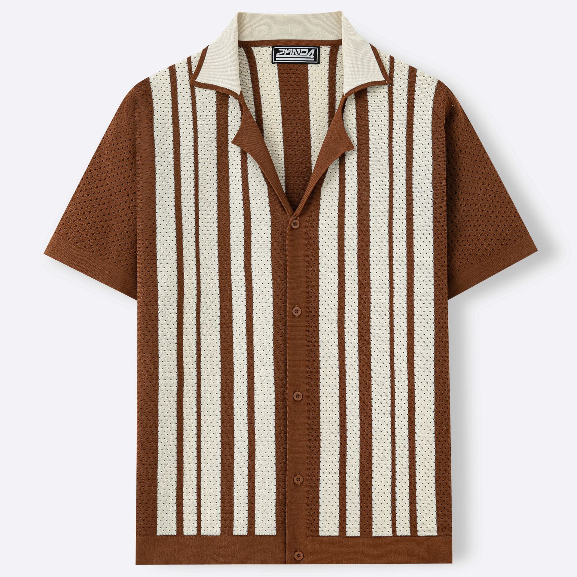 Brown Striped Cuban-Neck Short-Sleeve Hollow-Out Knit Top